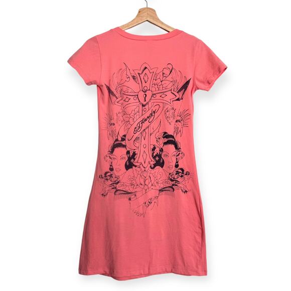 Ed Hardy Peach Pink Short Sleeve V Neck Airbrushed Y2K Night Shirt Women's S - Picture 2 of 11